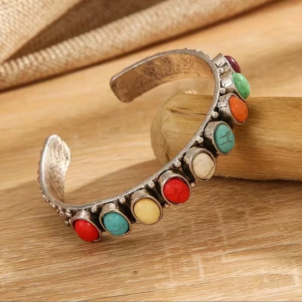 2 LEFT! Bohemian Mutli Colored Turquoise Bangle Cuff Bracelet - Picture 5 of 5